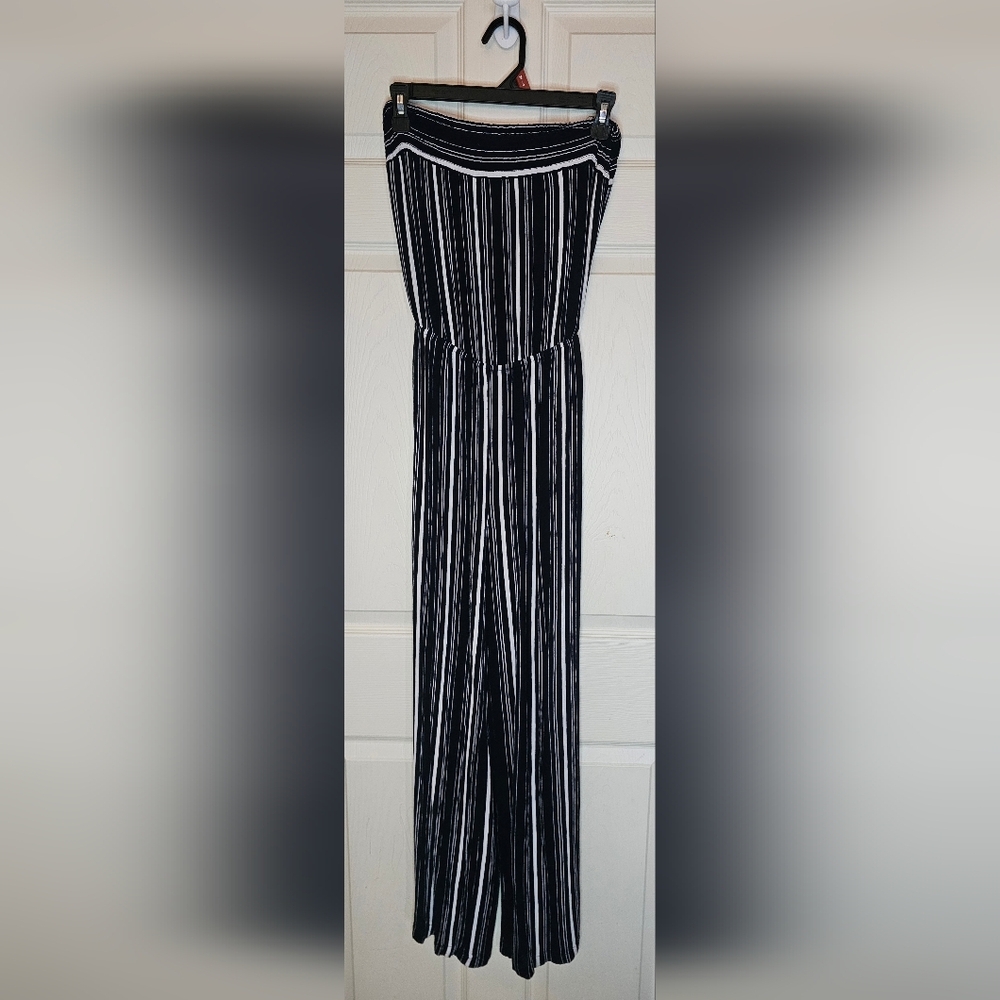 Be Cool Black White Striped Strapless Wide Leg Jumpsuit - Size Medium